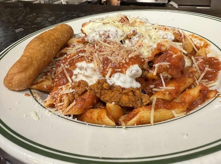 Indulge in our tender, all-white meat chicken, generously smothered in a rich combination of sautéed mushrooms, onions, peppers, and creamy white American cheese. It's a comforting and robust dish, perfectly paired with your choice of two regular sides.
