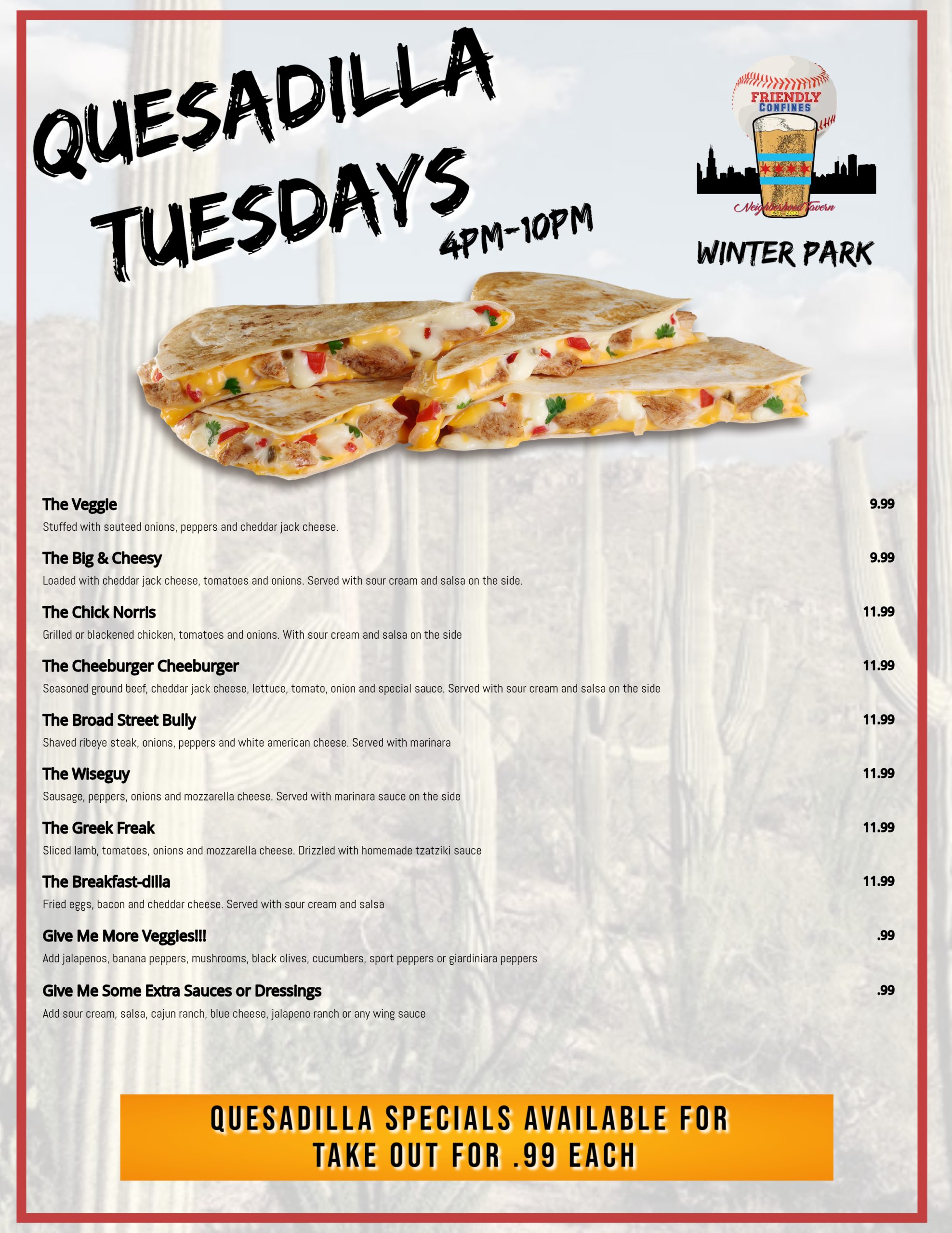 Quesadilla Tuesdays at Friendly Confines Winter Park Aloma
